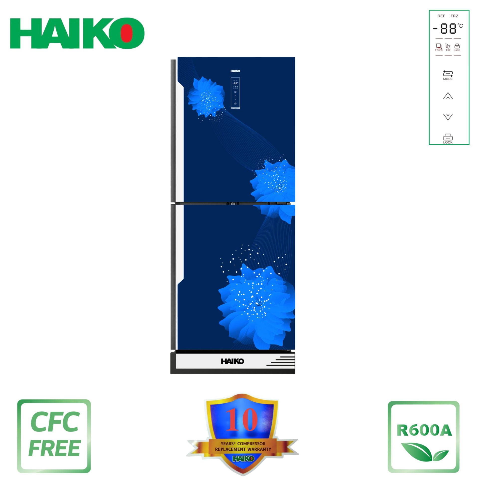 HAIKO Refrigerator HRT-350EGB-BLUE(2Door, Upper Freezer, Glass Door, With Digital Display)